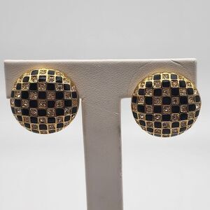 Vintage Carolee Gold Tone, Black Enamel, & Rhinestone Checkered Clip-On Earrings